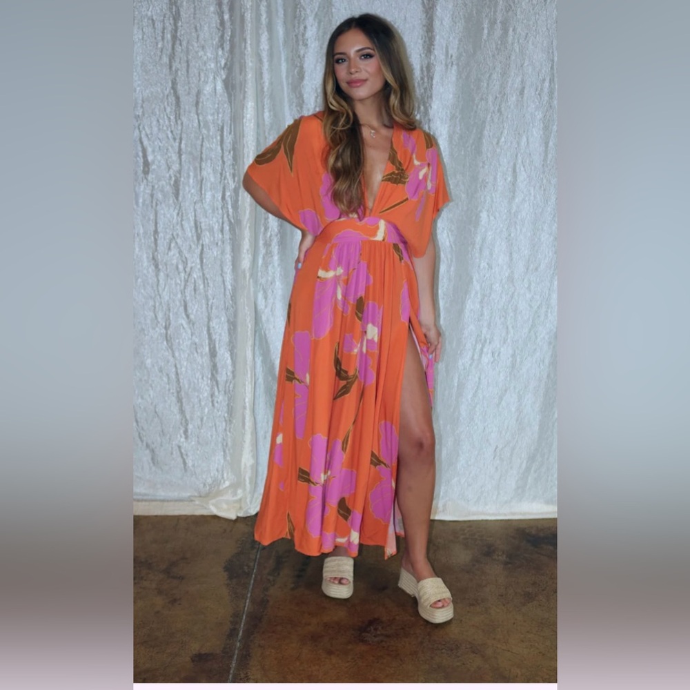 Olivaceous Vibrant Orange and Pink Floral Maxi Dress